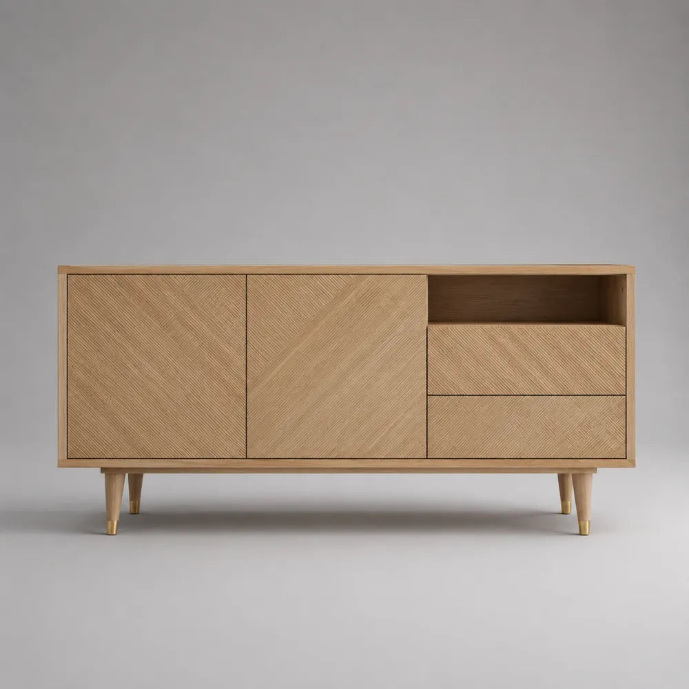 Mobile TV 160 cm 40 cm 60 cm in MDF effetto rovere naturale con ante chiuse cassetti e vano aperto gambe in legno forma rettangolare
