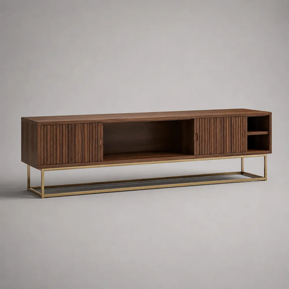 Mobile TV soggiorno 180 x 40 x 50 cm legno MDF impiallacciatura noce ante scanalate base in acciaio verniciato oro forma rettangolare