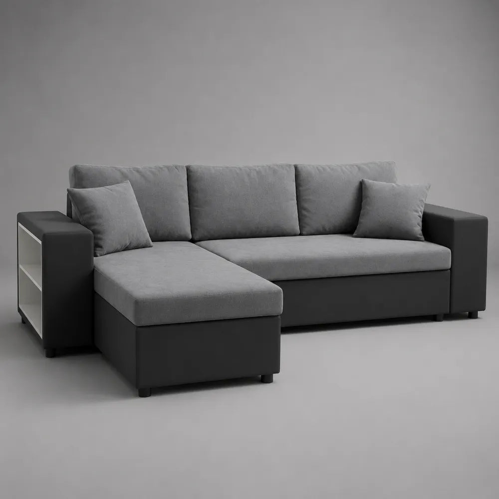 Divano angolare 260 cm 160 cm 85 cm con chaise longue sinistra in tessuto poliestere grigio struttura in legno con vano laterale a ripiani colore grigio e nero