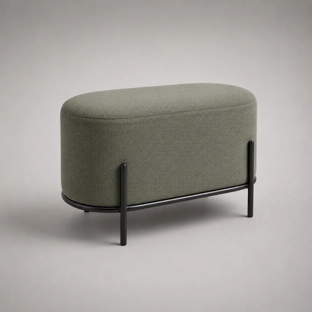 Poggiapiedi pouf imbottito 60 x 35 x 40 cm tessuto poliestere verde salvia struttura in acciaio verniciato nero forma ovale