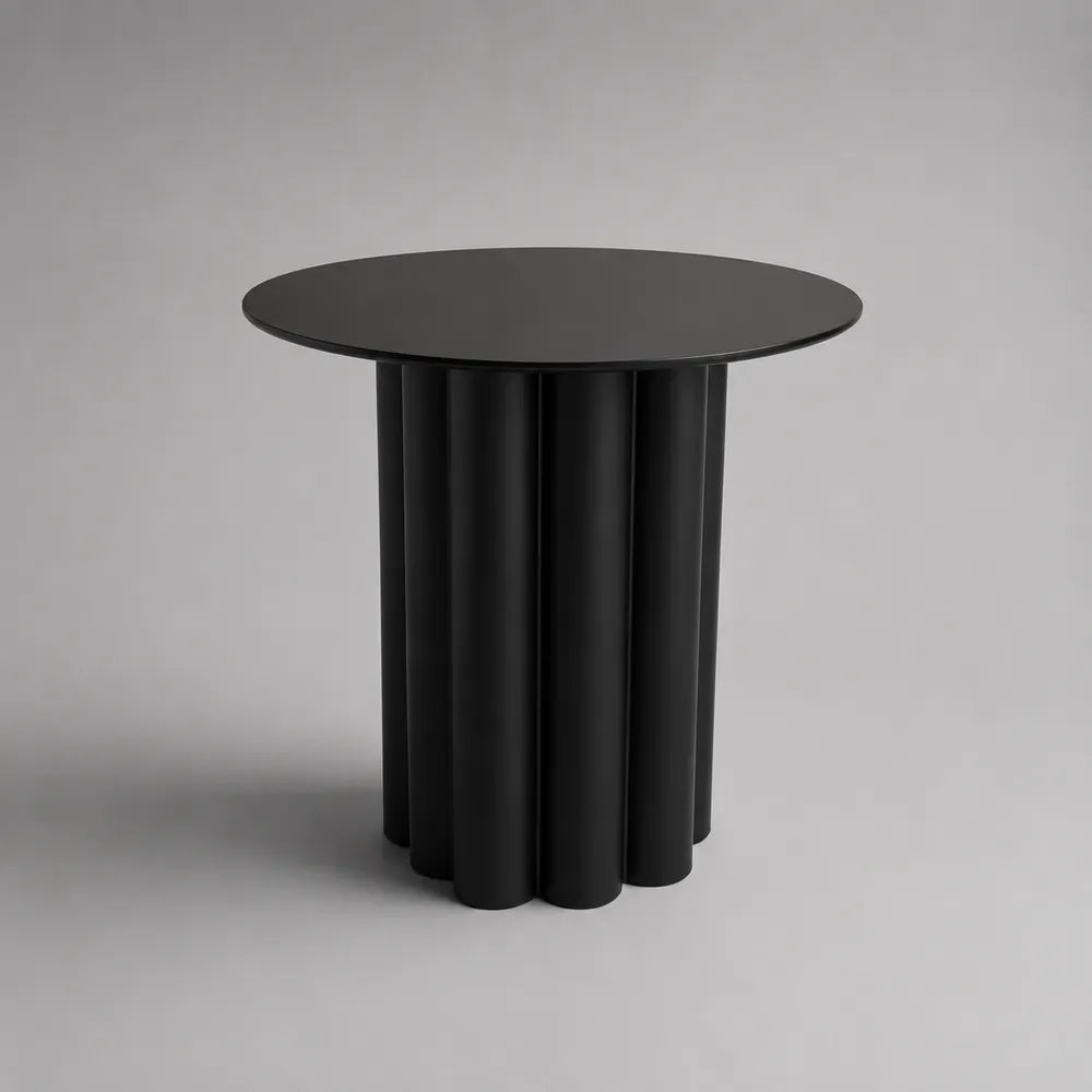 Tavolino laterale rotondo 60x60x45 cm in MDF verniciato nero base cilindrica scanalata struttura monoblocco