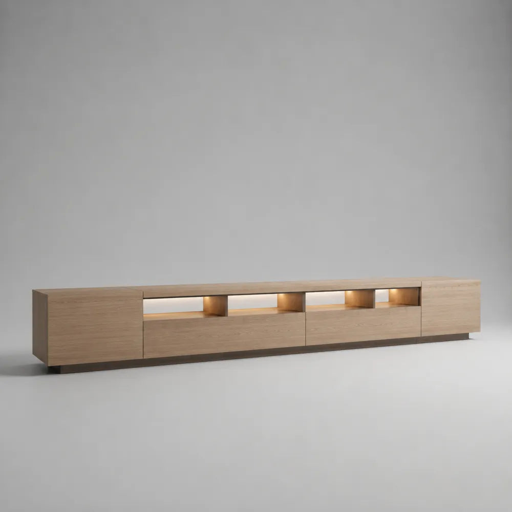 Mobile TV soggiorno 240 x 35 x 40 cm legno MDF impiallacciato rovere naturale vani aperti con illuminazione LED ante chiuse struttura rettangolare