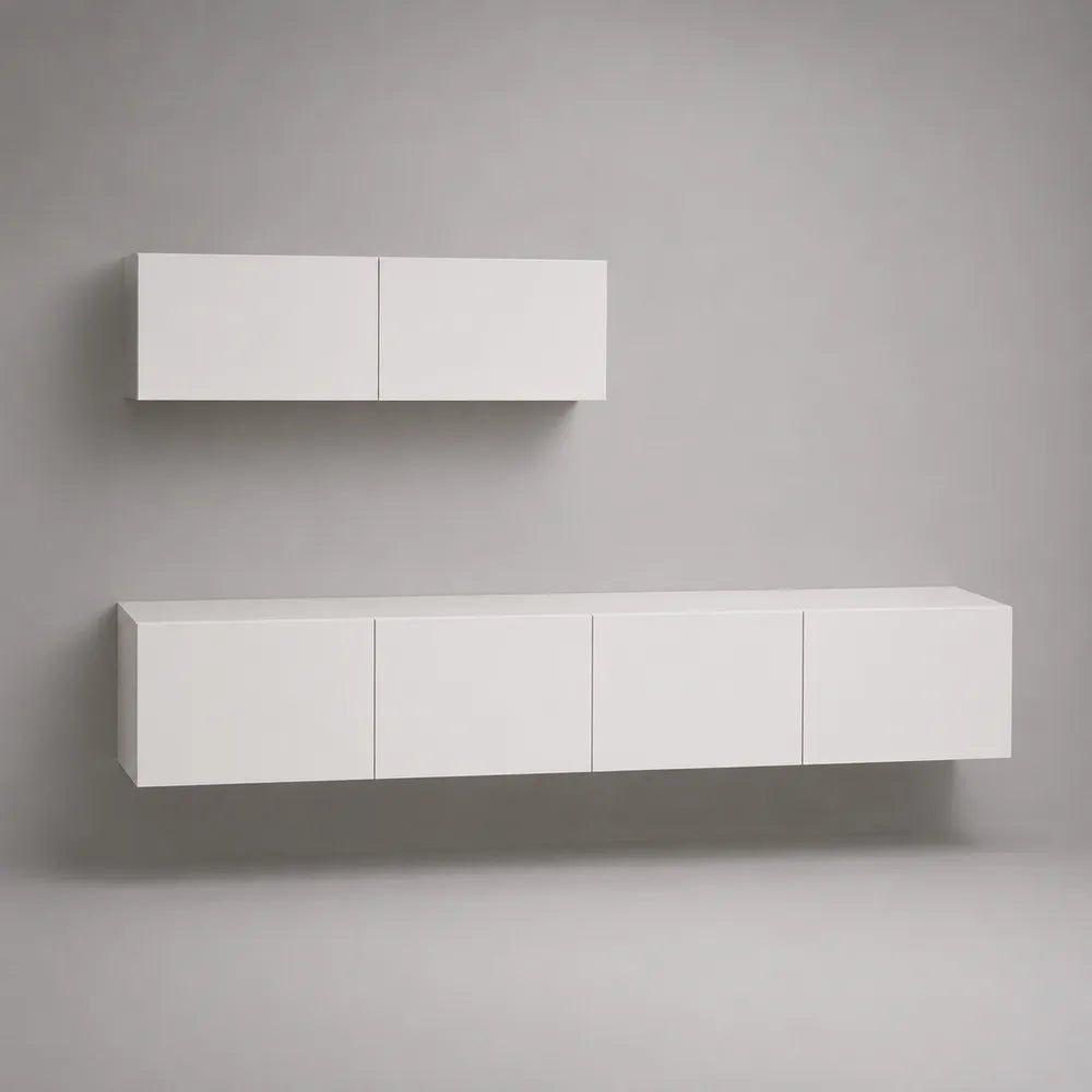 Parete TV sospesa 2 pezzi 180 cm 120 cm 30 cm in MDF bianco con ante lisce forma rettangolare