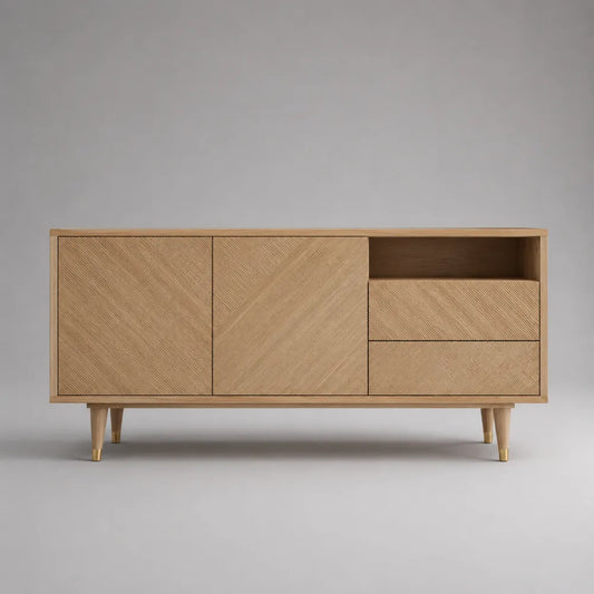 Mobile TV 160 cm 40 cm 60 cm in MDF effetto rovere naturale con ante chiuse cassetti e vano aperto gambe in legno forma rettangolare