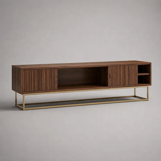 Mobile TV soggiorno 180 x 40 x 50 cm legno MDF impiallacciatura noce ante scanalate base in acciaio verniciato oro forma rettangolare