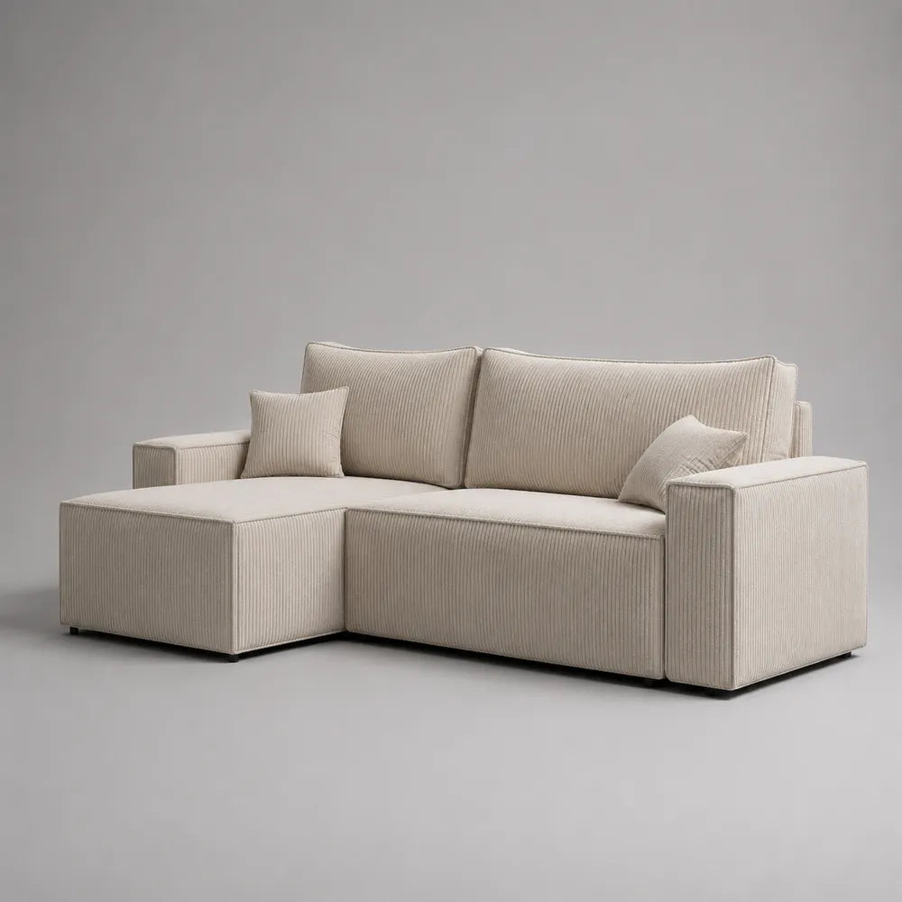 Divano angolare con chaise longue 240 cm 160 cm 85 cm rivestimento in tessuto poliestere a coste colore beige struttura in legno e compensato forma rettangolare