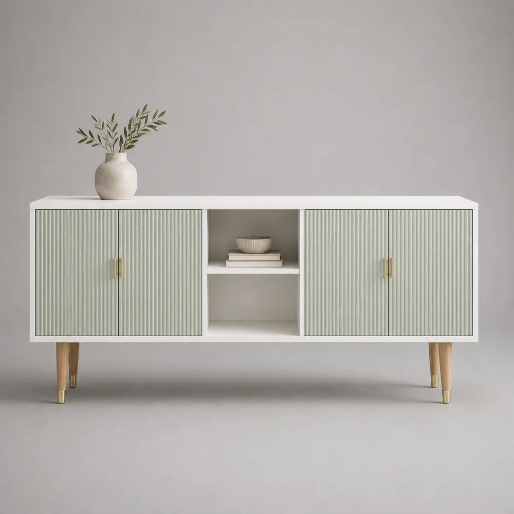 Mobile TV soggiorno 160 x 40 x 55 cm MDF melaminico bianco ante scanalate verde chiaro gambe in legno massello di faggio maniglie oro forma rettangolare