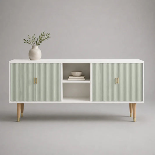 Mobile TV soggiorno 160 x 40 x 55 cm MDF melaminico bianco ante scanalate verde chiaro gambe in legno massello di faggio maniglie oro forma rettangolare