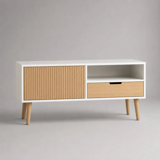 Mobile TV soggiorno 140 x 40 x 55 cm MDF melaminico bianco ante scanalate rovere naturale vano a giorno cassetto gambe in legno massello