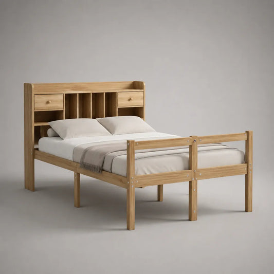 Letto matrimoniale 160 x 200 cm in legno massello colore legno naturale con testiera contenitore a ripiani e cassetti struttura rettangolare