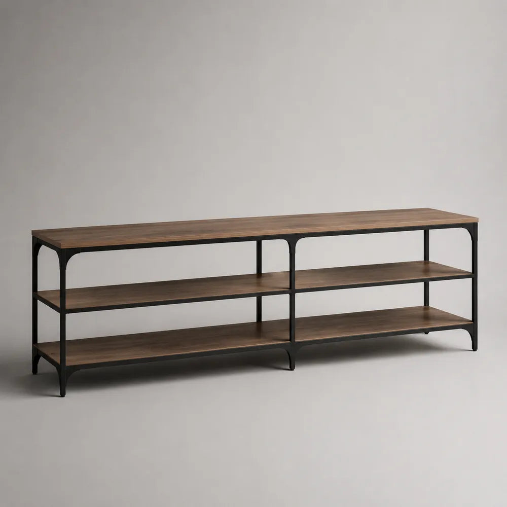 Mobile TV 180 cm 40 cm 60 cm in legno effetto noce con struttura in metallo nero ripiani aperti design orizzontale rettangolare
