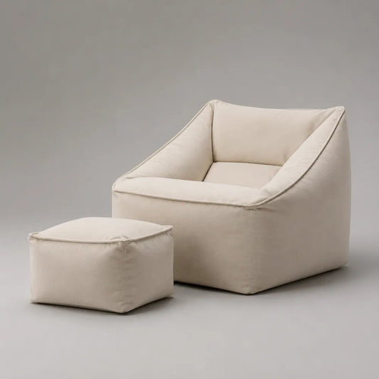 Set poggiapiedi con poltrona e pouf imbottito 80 x 80 x 70 cm e 50 x 50 x 35 cm tessuto poliestere colore beige struttura in schiuma forma rettangolare
