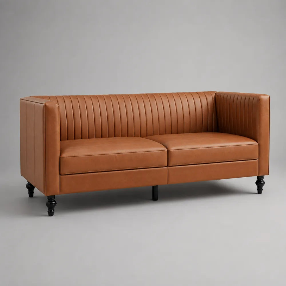 Divano 2 posti 170 cm 85 cm 75 cm rivestimento in ecopelle PU colore cognac struttura in compensato imbottitura in schiuma poliuretanica gambe in legno verniciato nero forma rettangolare