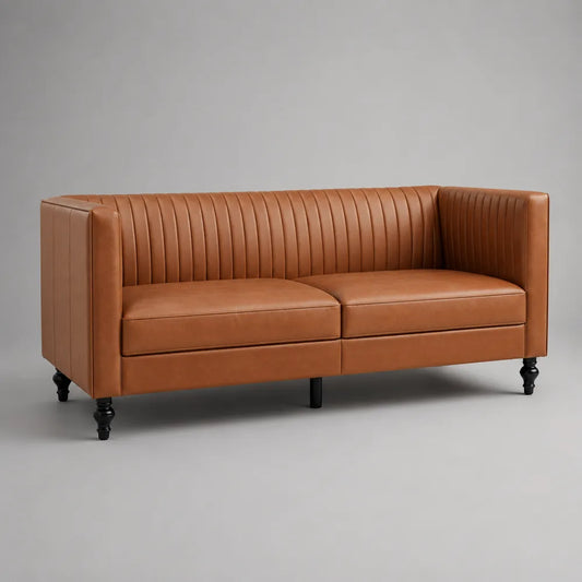 Divano 2 posti 170 cm 85 cm 75 cm rivestimento in ecopelle PU colore cognac struttura in compensato imbottitura in schiuma poliuretanica gambe in legno verniciato nero forma rettangolare