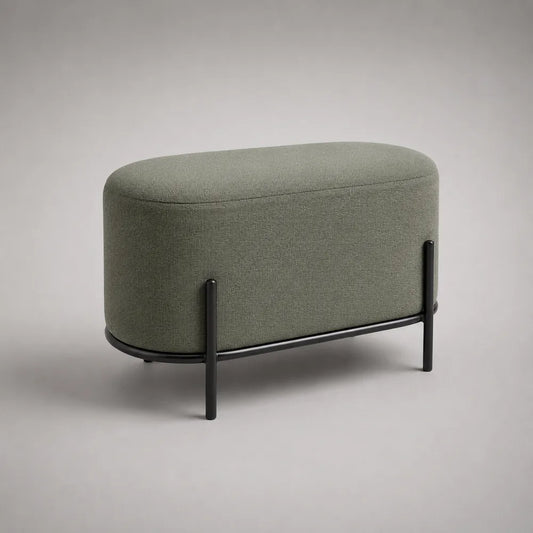 Poggiapiedi pouf imbottito 60 x 35 x 40 cm tessuto poliestere verde salvia struttura in acciaio verniciato nero forma ovale
