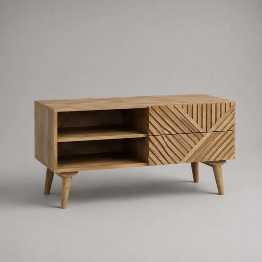 Mobile TV soggiorno 140 x 40 x 55 cm MDF impiallacciato rovere naturale ante a doghe diagonali cassetto ripiani aperti gambe in legno massello forma rettangolare