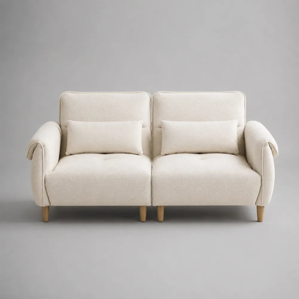 Divano 2 posti 160 cm 80 cm 85 cm imbottito in tessuto poliestere colore beige struttura in legno massello gambe in legno naturale forma rettangolare