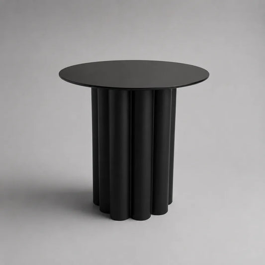 Tavolino laterale rotondo 60x60x45 cm in MDF verniciato nero base cilindrica scanalata struttura monoblocco