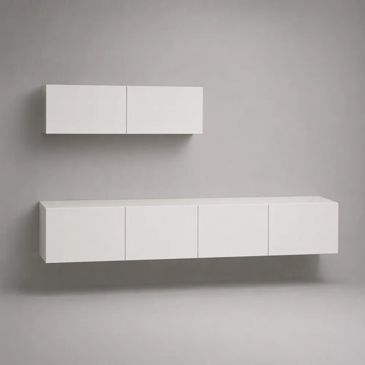 Parete TV sospesa 2 pezzi 180 cm 120 cm 30 cm in MDF bianco con ante lisce forma rettangolare