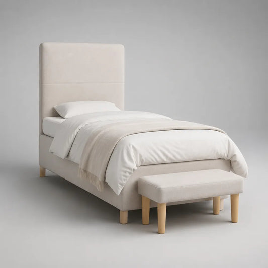 Letto singolo 90 x 200 cm imbottito in tessuto colore beige con testiera alta e panca coordinata struttura rettangolare in legno