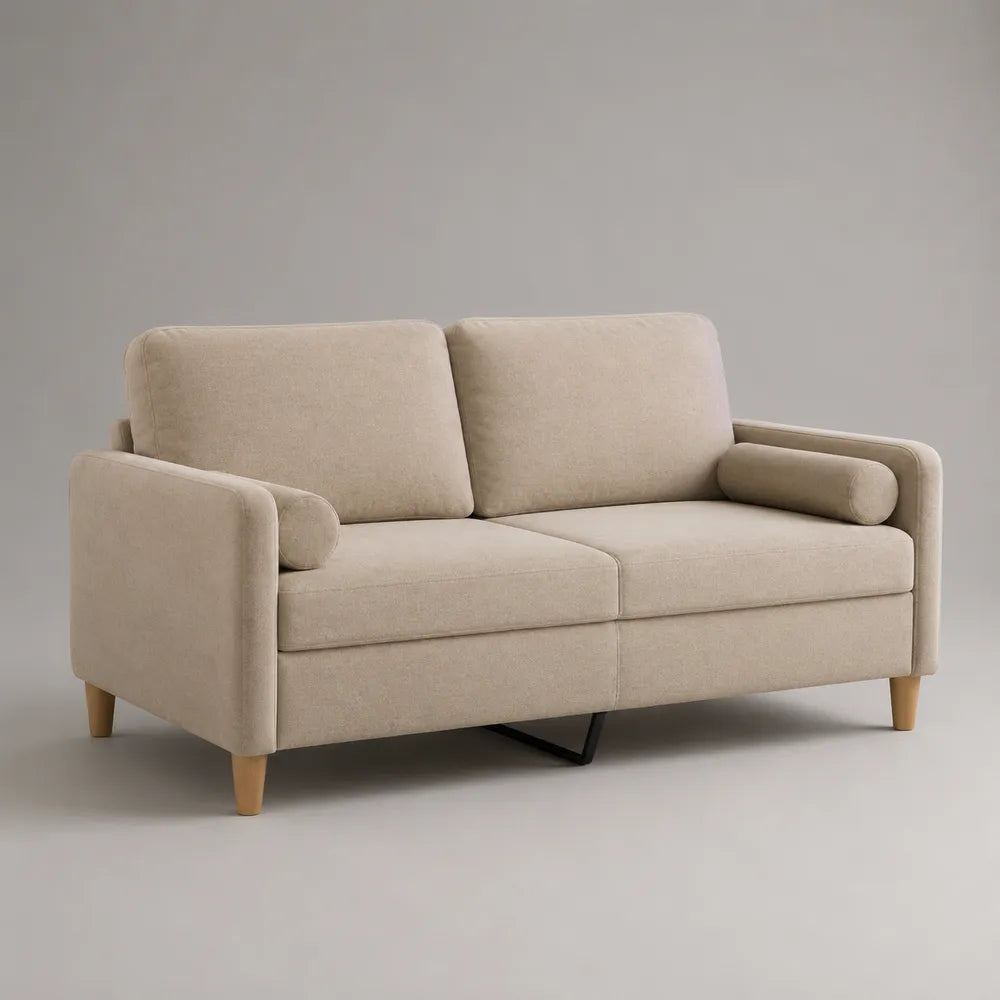 Divano 2 posti 170x85x80 cm struttura in compensato e legno massello rivestimento in tessuto poliestere beige gambe in legno massello naturale forma rettangolare