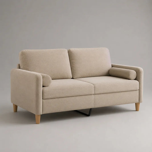 Divano 2 posti 170x85x80 cm struttura in compensato e legno massello rivestimento in tessuto poliestere beige gambe in legno massello naturale forma rettangolare
