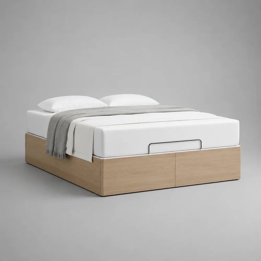Letto matrimoniale 160x200 cm struttura con contenitore e cassetti frontali in MDF effetto rovere chiaro con piano imbottito bianco e rete a doghe forma rettangolare